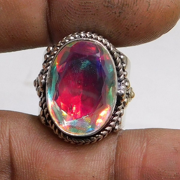 Multicolor Mystic Topaz Stone Silver Ring, Napoleon Handmade Ring, Sterling Silver Ring, Ottoman Style Ring, Mens  Jewelry,Oval Stone Ring