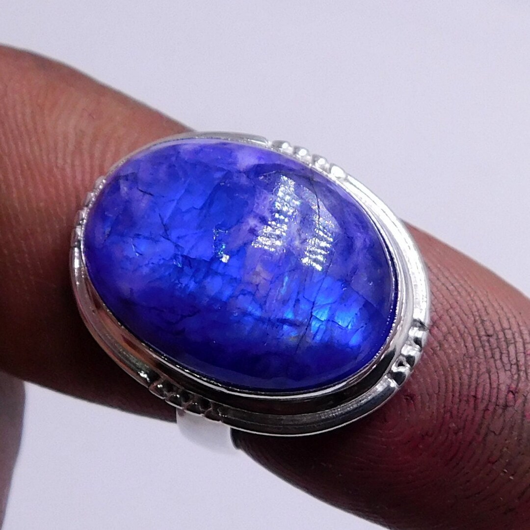 Natural Gemstone Ring Blue Rainbow Moonstone Ring, Sterling Silver Ring ...