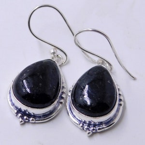 Raw Black Nuummite Stone Earrings: 925 Sterling Silver Dangle Jewelry