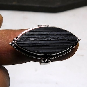 Marquise Raw Black Tourmaline Silver Ring  Black Stone Ring  Negative energy protection Jewelry 10 GM