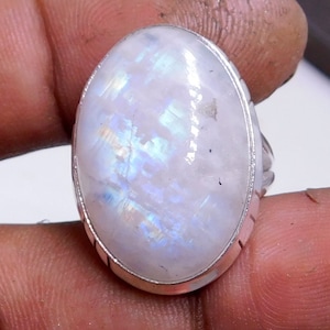 Natural Rainbow Moonstone Ring: Oval Gemstone, Sterling Silver (.925)