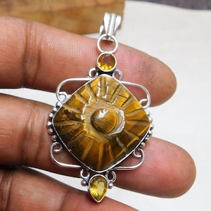 Exquisite Carved Tiger&#39;s Eye Vintage Pendant, Gemstone Pendant, Brown Pendant, 925 Sterling Silver Jewelry, Citrine Pendant For Her