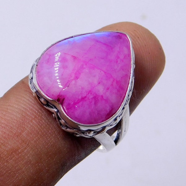 Anillo de piedra lunar rosa, piedra lunar arco iris natural, joyería de piedra lunar, piedra en forma de corazón, anillo Designe, anillo de plata esterlina 925, regalo para ella