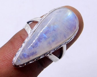 Natural Rainbow Moonstone Ring-Blue Fire Moonstone Ring-Handmade Silver Ring-925 Sterling Silver Ring-Designer Ring FREE SHIPMENT