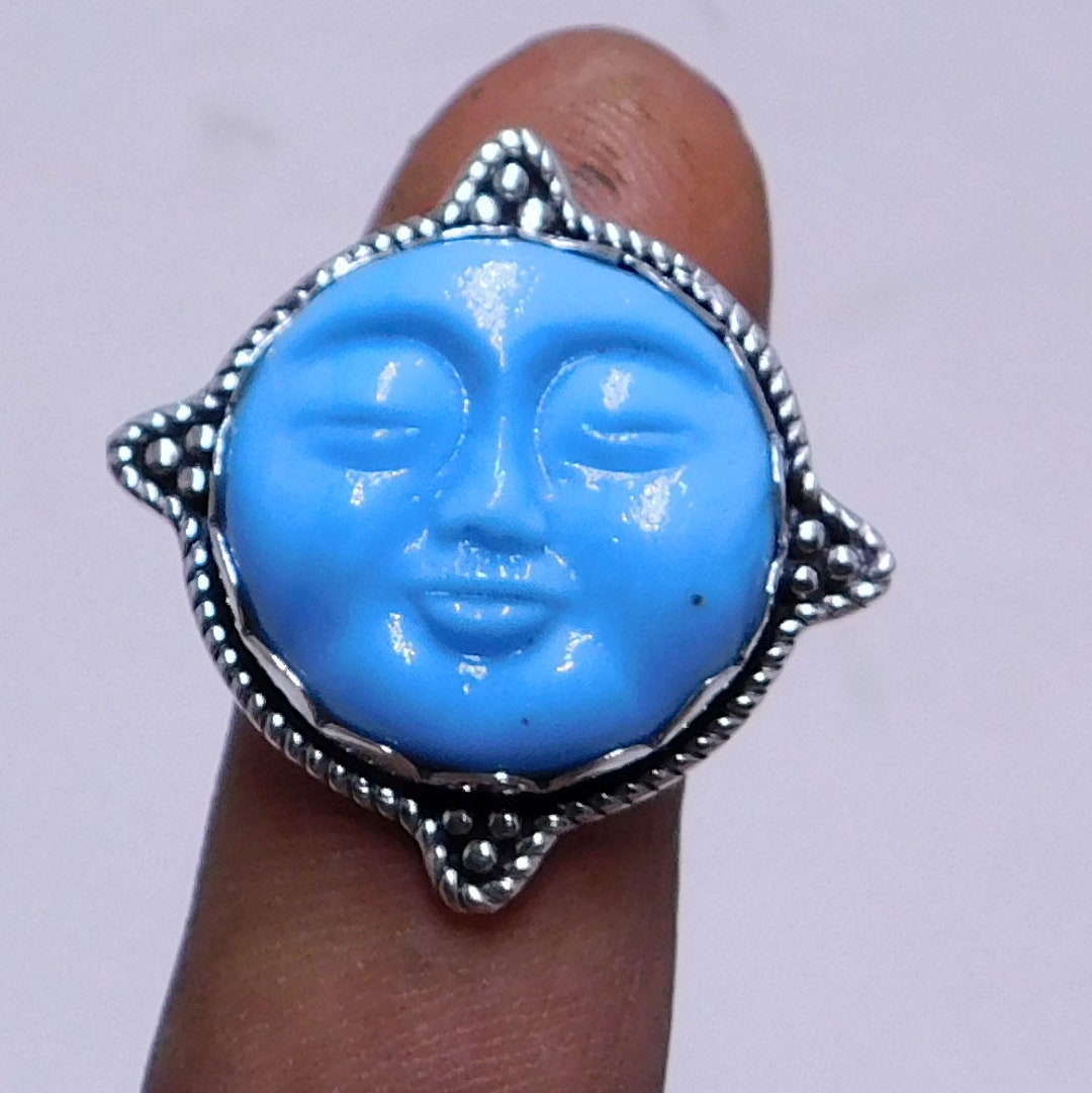 Carved Moon Face Jewelry, Man in the Moon Face Silver Ring , Blue Moon