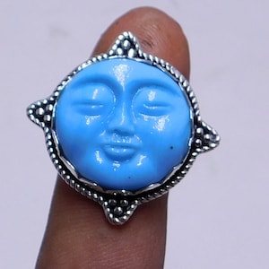 Carved Moon Face Sterling Silver Ring: Blue Gemstone Jewelry