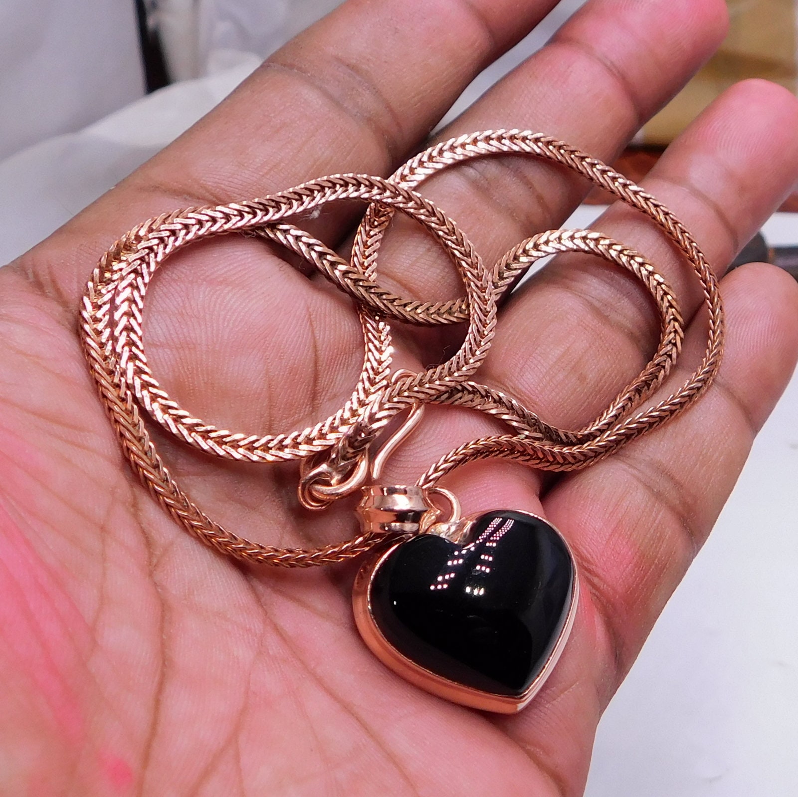 Heart Black Onyx Copper Pendant, Copper Necklace ,Solid Copper Wheat chain Natural Gemstone Copper Jewelry,Viking jewelry Eco friendly chain