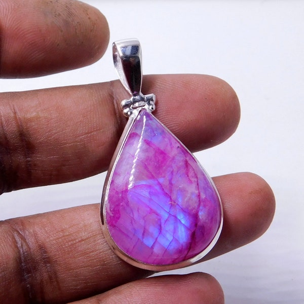 Natural Pink Rainbow Moonstone PendantTeardrop Shape Moonstone Beautiful Silver PendantBlue Fire Rainbow Moon Jewelry Antique Silver Pendant