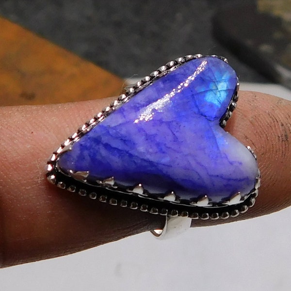 HEART Blue Rainbow Moonstone Ring, Bague de concepteur de pierres précieuses Flash bleu naturel, Blue Moonstone Silver Jewelry Heart Gemstone Ring livraison gratuite
