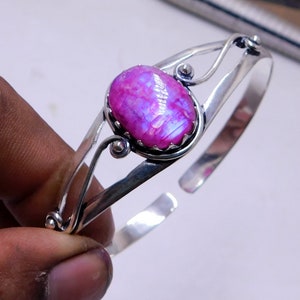 Pink Rainbow Moonstone Sterling Silver Cuff Bangle Bracelet