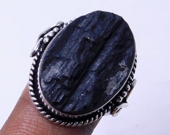 Raw Black Tourmaline Silver Ring  Black Stone Ring  Negative energy protection Jewelry 9Gm