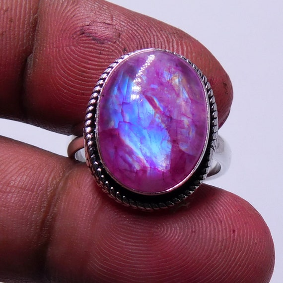 Natural Pink Moonstone ring pink color ring sterling silver ring moonstone jewelry natural rainbow moonstone ring Silver Moon ring