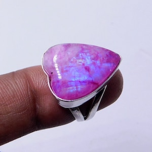 Echtes Herz Mondstein Ring, rosa Mondstein Silber Ring, handgemachter Mondstein Herz Schmuck Boho Ring, natürlicher Regenbogen Mondstein Liebesring