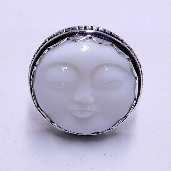 White Carved Moon Face Silver  Jewelry, Man in the Moon Face Silver Ring , White Moon face Jewelry  ,Round Moon Face Ring Designer Ring,