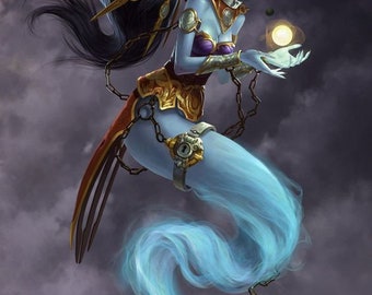 May include: A blue genie with long black hair and gold jewellery emerges from a golden genie lamp. The genie is holding a glowing orb in its hand.