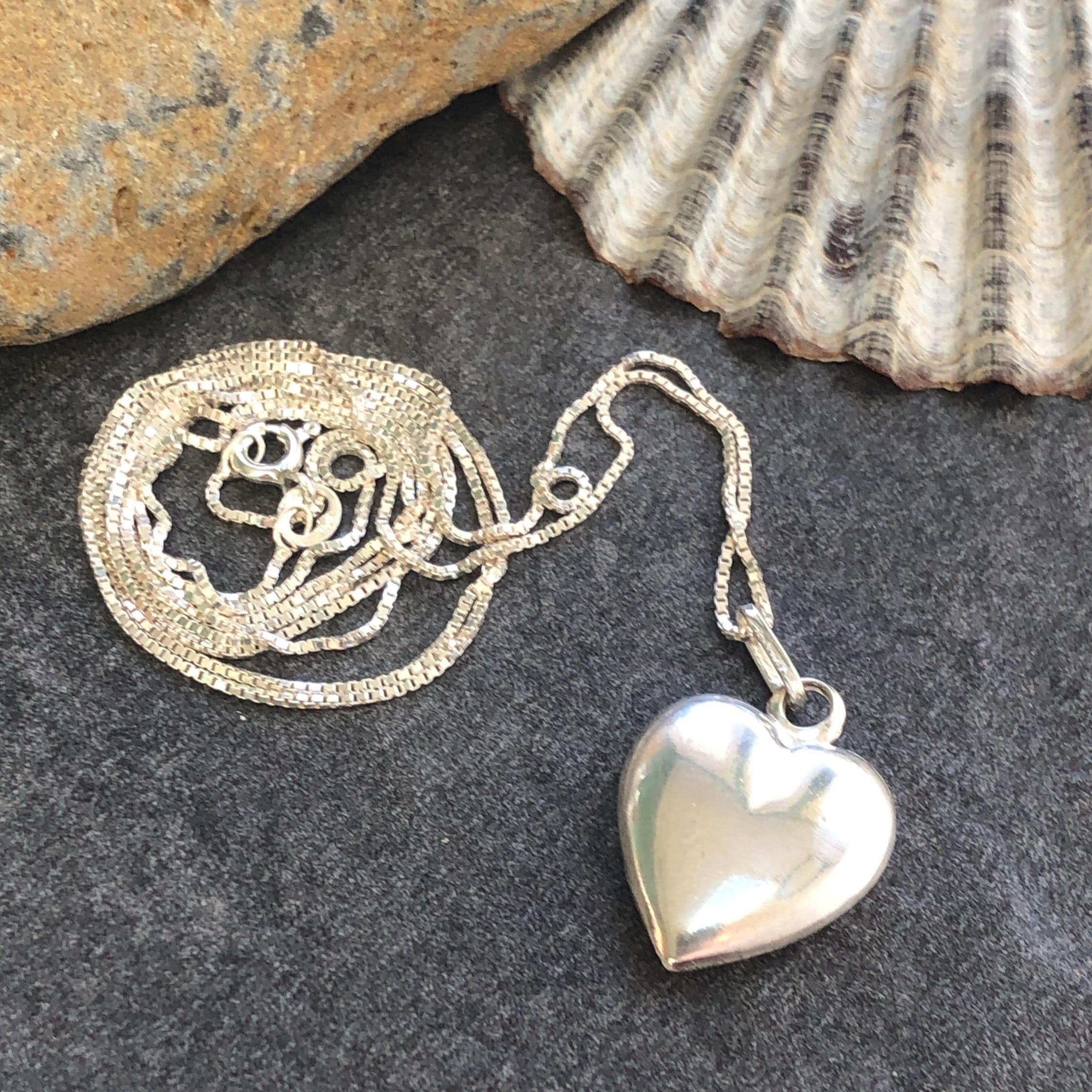 Vintage Sterling Silver Puffy Heart Pendant Necklace, 30" Box Chain - Etsy