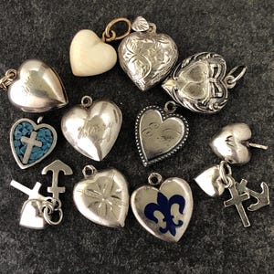 Antique and Vintage Sterling Silver Puffy Heart Charms Early Century Sterling Silver Love Heart Charms or Pendants