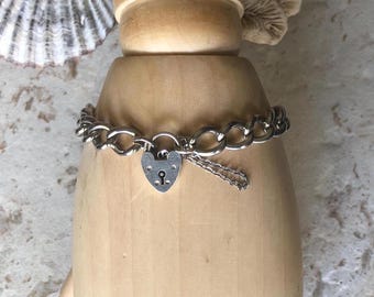 Vintage Sterling Curb Chain Bracelet with Heart Lock Closure Silver 925 Estate Jewelry  Wear With or Without Charms Valentine Gift