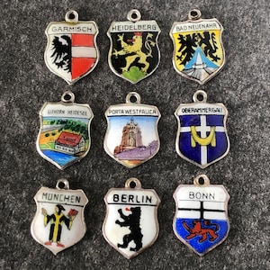 Vintage Enamel Shield Travel Charms 835, 800 Silver, Garmisch, Heidelberg, Berlin, Porta Westfalica, Bonn, Munich, Oberammergau +++