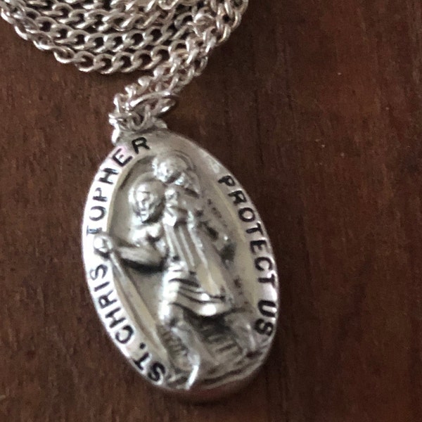 Vintage Saint Christopher Medal Sterling Silver Pendant 16" Chain Patron Saint of Travelers, Drivers, Surfers, ++ Catholic Jewelry Creed Co