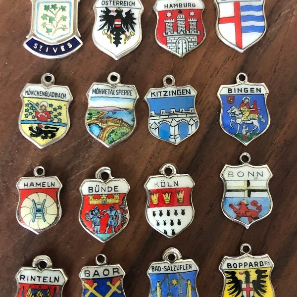 Vintage Enameled European Shield Travel Charms Silver, Sterling, Austria, Koln (Cologne), Bonn, Hameln, Boppard, Stressa Italy, Hamburg +++