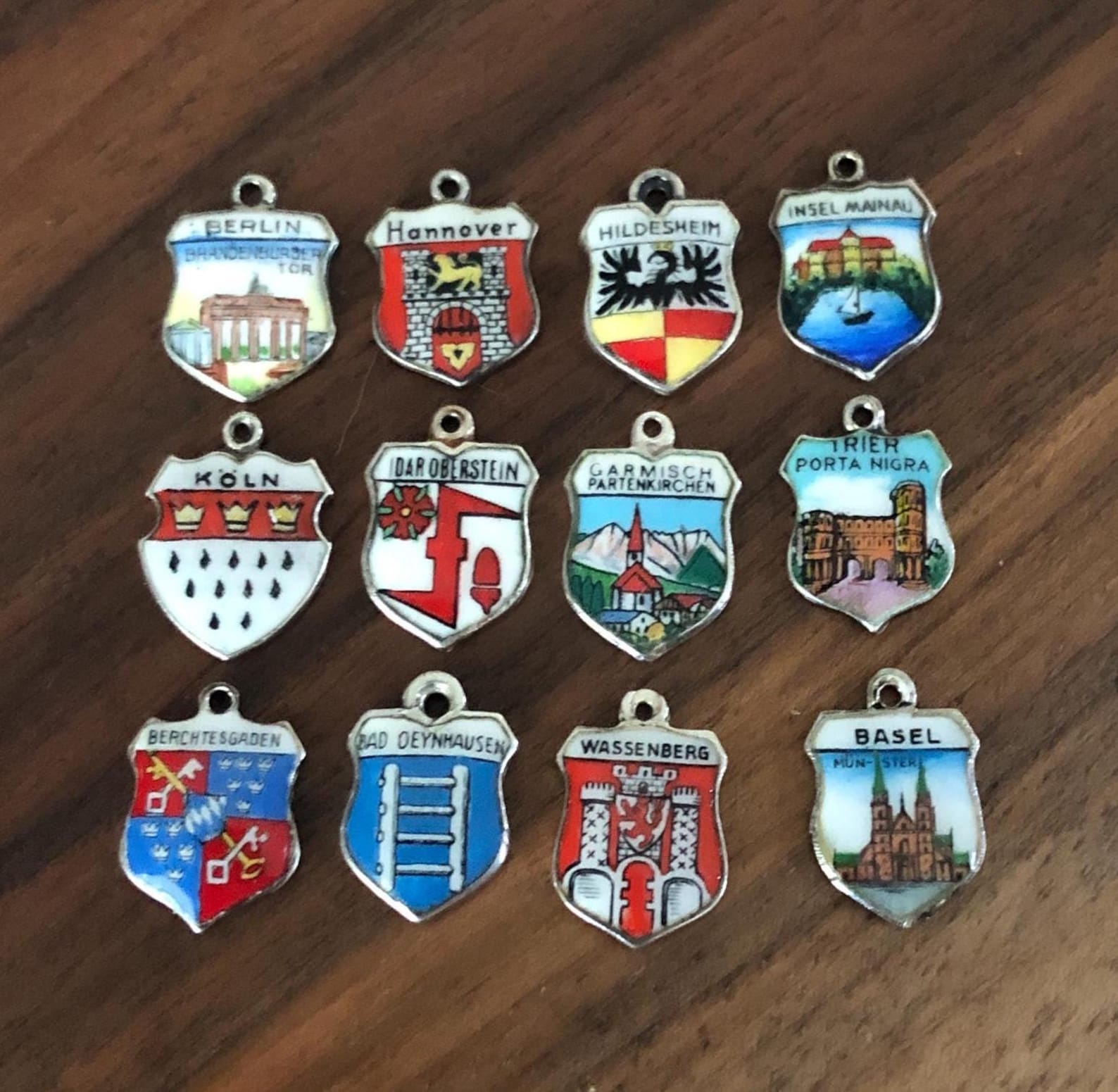 intage Sterling Enamel Shield Travel Charms Germany, Insel Mainau, Garmisch, Idar Oberstein, Koln (Cologne), Berchtesgaden, Hannover+++