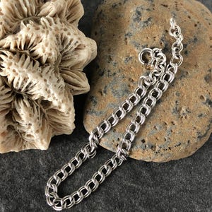 Vintage Solid 925 Sterling Silver Chain Bracelet Estate Jewelry Mid-Century 8 3/8&quot; Double Curb Chain and Free Disc Charm to Personalize