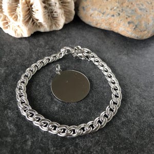 Vintage Solid 925 Sterling Silver Chain Bracelet 7 1/4&quot; Estate Jewelry Heavy Mid-Century Double Chain and Free Disc Charm to Personalize