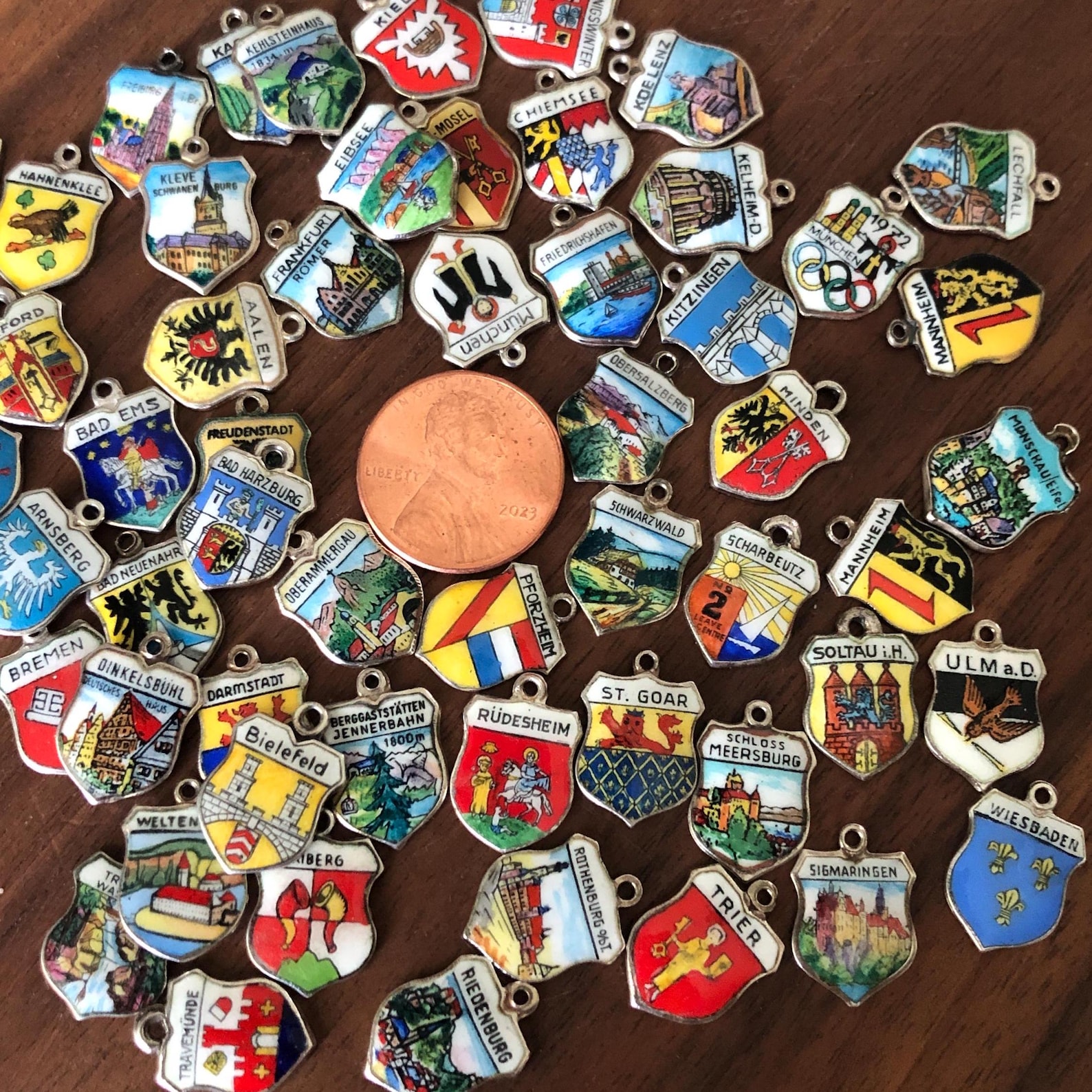 Vintage Silver and Enamel European Country City Shield Travel Charms Germany, Hann AB, Monschau, Wiesbaden, Juren, Wassenberg, Oberammergau+