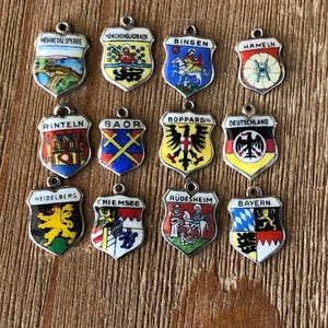 Vintage Germany Travel Shield Charm Silver and Enamel, Heidelberg, Mohne Lake, Deutschland, Rudesheim +++