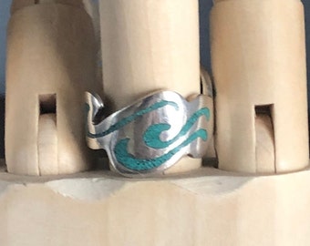 Vintage Sterling Silver Mid-Century Brutalist Ring Turquoise Inlay modernistische sieraden