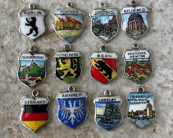 Vintage Silver Enamel Germany Shield Travel Charms, Munich, Deutches Wine Gate, Lorley, Arnrem, Bern, Heidelberg, Oberammergau +++