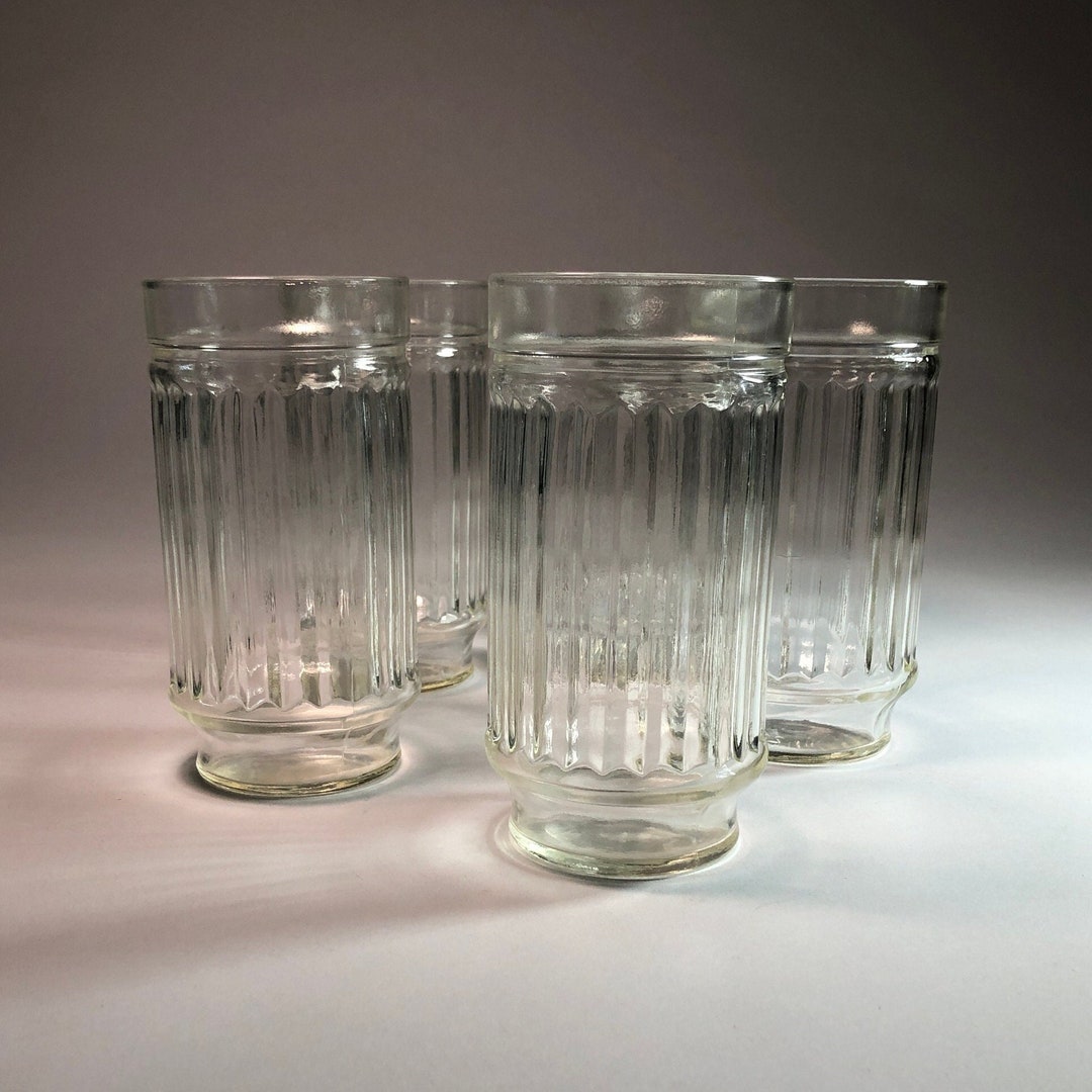 Set of 4 Vintage / Antique Glass Tumblers Pressed Ribbed Glass Beverage Cocktail Mid Century