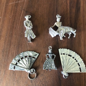 Travel Charms Vintage Spain Spanish Themed Fans, Bullfighter, Flamenco Dancer, Sterling Silver Jewelry