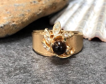 18K Gold HGE Tiger Eye and Rhinestone Ring Mid-century Jewelry Size 7