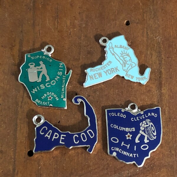 Vintage Sterling and Enamel US Travel Charms Cape Cod, Wisconsin, New York, Ohio