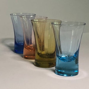 Set of 4 Vintage Tinted Double Shot Glasses Art Deco Barware Cocktails Blue, Amber, Pink, Turquoise