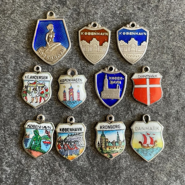 Denmark Vintage Sterling Silver and Enamel Shield Charms Europe Travel Copenhagen, Kronborg, Little Mermaid, Tivoli