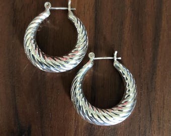 Sterling 925 Earrings Textured Swingy Puffy Hoops Vintage Mid-Century Silver Jewelry Stock