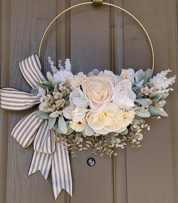 Modern Golden Metal Hoop Wreath for Front. Roses and Lambears