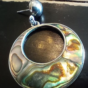 Vintage Mexican Alpaca Silver Abalone Shell Pierced Earrings 1970's