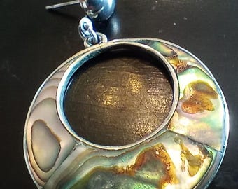 Vintage Mexican Alpaca Silver Abalone Shell Pierced Earrings 1970's