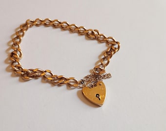 Vintage 9K Gold Curb Link Bracelet with Heart Padlock made in UK