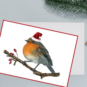 Robin in a Santa Hat Christmas/Holiday Card and Gift Tag Digital Download