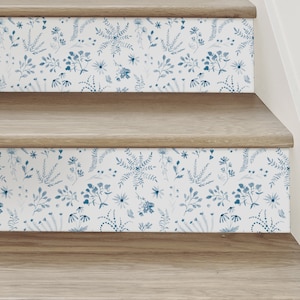 Plant Pattern Floral, Blue, Stair Riser Decals