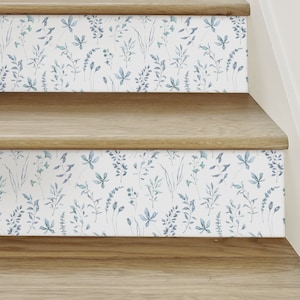 Water Color Botanical Leaves, Blue, Stair Riser Decals