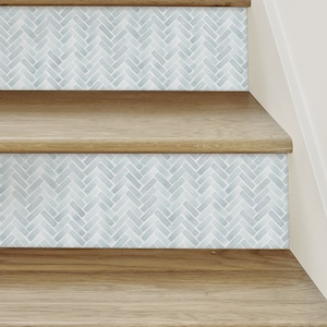 Water Color Herringbone, Misty Blue, Stair Riser Decals