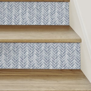 Water Color Herringbone, Van Deusen Blue, Stair Riser Decals