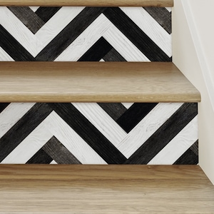Chevron Striped Wood, Black and White, Stair Riser Decals