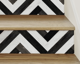 Chevron Striped Wood, Black and White, Stair Riser Decals